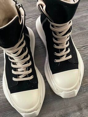 Rick Owens Black High-Top Platform Sneakers with Cream Laces